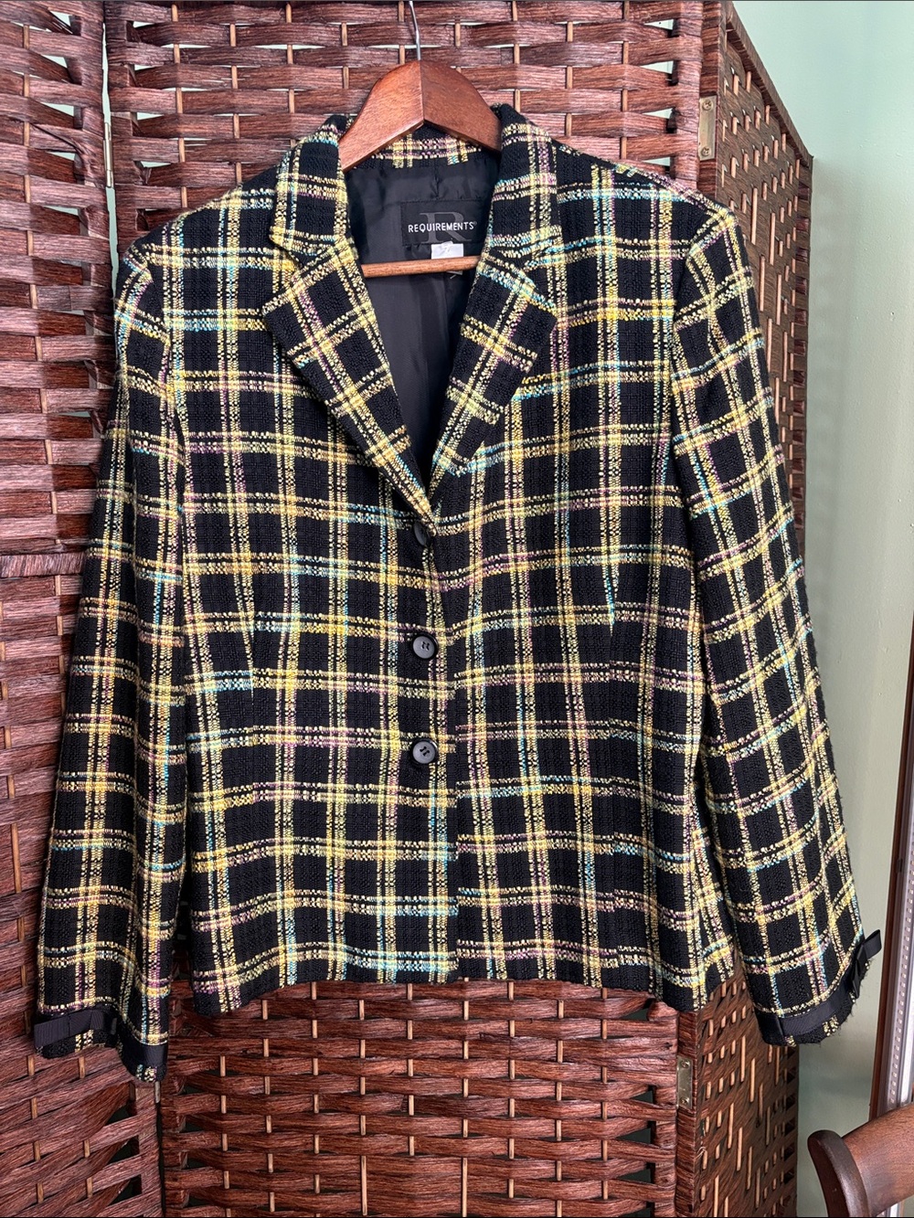 Vintage REQUIREMENTS Womens Black Plaid Tweed Jacket with Yellow Accents